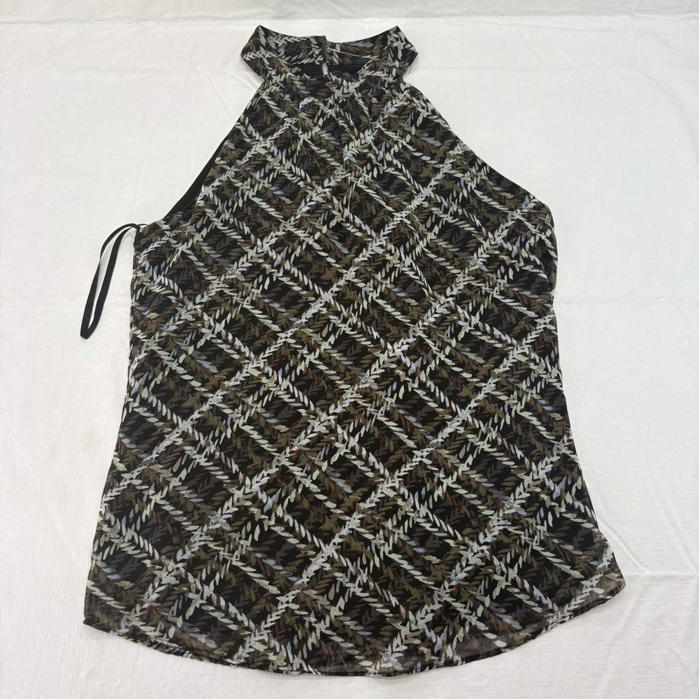 White House Black Market Halter Top Black Olive Geometric Lattice Blouse Size 4